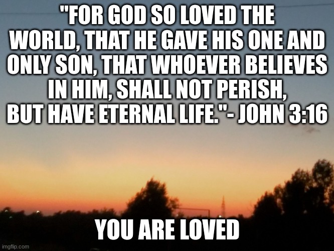 God bless you! Hope this lighted up your day :) | "FOR GOD SO LOVED THE WORLD, THAT HE GAVE HIS ONE AND ONLY SON, THAT WHOEVER BELIEVES IN HIM, SHALL NOT PERISH, BUT HAVE ETERNAL LIFE."- JOHN 3:16; YOU ARE LOVED | image tagged in do not be afraid bible verse | made w/ Imgflip meme maker
