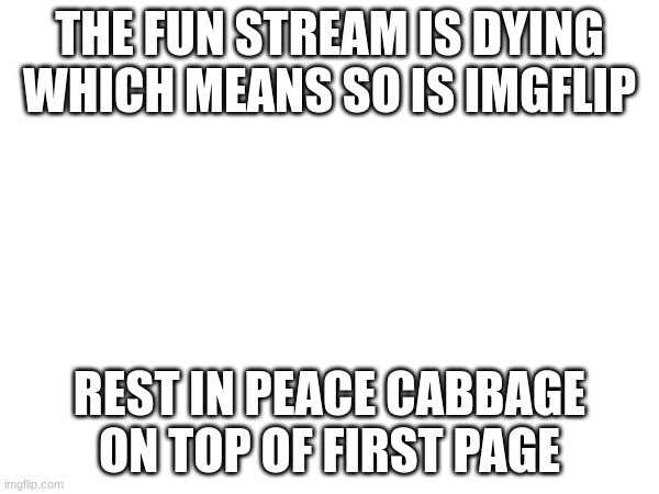 rest in pieces | THE FUN STREAM IS DYING WHICH MEANS SO IS IMGFLIP; REST IN PEACE CABBAGE ON TOP OF FIRST PAGE | image tagged in fun | made w/ Imgflip meme maker