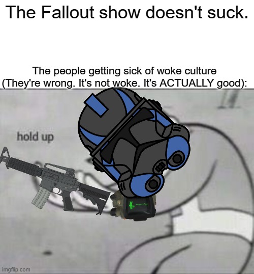 I actually like this! It's a fun time. You know, Something someone should have when watching a show or movie. | The Fallout show doesn't suck. The people getting sick of woke culture (They're wrong. It's not woke. It's ACTUALLY good): | image tagged in fallout hold up with space on the top,fallout,fallout tv show | made w/ Imgflip meme maker