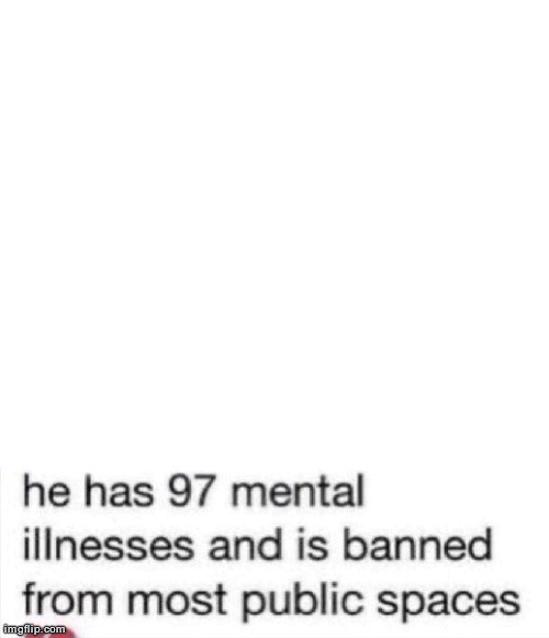 he has 97 mental illnesses | image tagged in he has 97 mental illnesses | made w/ Imgflip meme maker
