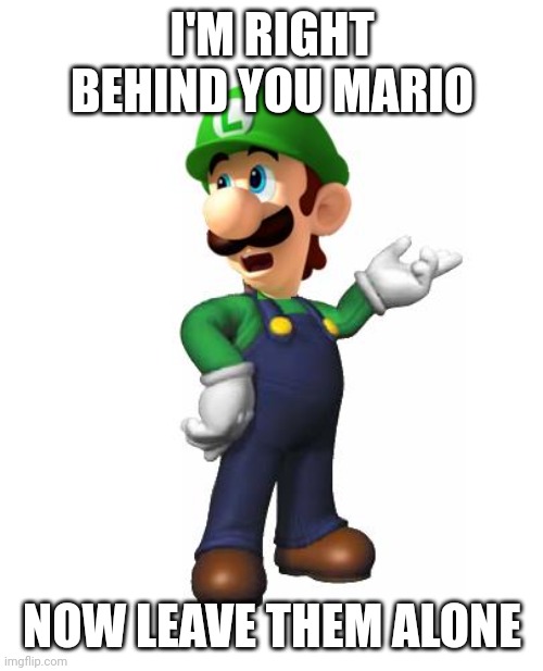 Logic Luigi | I'M RIGHT BEHIND YOU MARIO NOW LEAVE THEM ALONE | image tagged in logic luigi | made w/ Imgflip meme maker