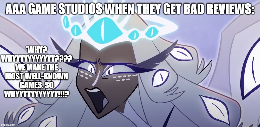 Why are they so bad? | AAA GAME STUDIOS WHEN THEY GET BAD REVIEWS:; 'WHY? WHYYYYYYYYYYY???? WE MAKE THE MOST WELL-KNOWN GAMES. SO WHYYYYYYYYYYY!!!? | image tagged in triple a studios | made w/ Imgflip meme maker