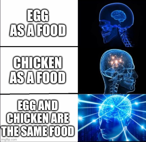 Chicken and egg | EGG AS A FOOD CHICKEN AS A FOOD EGG AND CHICKEN ARE THE SAME FOOD | image tagged in galaxy brain 3 brains | made w/ Imgflip meme maker