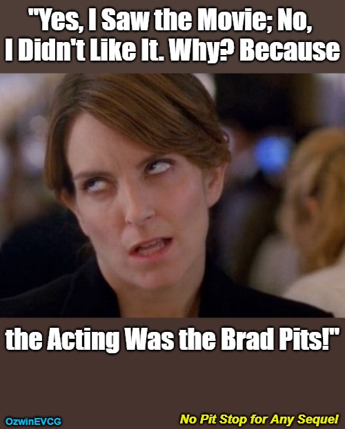 No Pit Stop for Any Sequel | "Yes, I Saw the Movie; No, 

I Didn't Like It. Why? Because; the Acting Was the Brad Pits!"; No Pit Stop for Any Sequel; OzwinEVCG | image tagged in face you make,actors,movies,annoying tina,reviews,upsets | made w/ Imgflip meme maker
