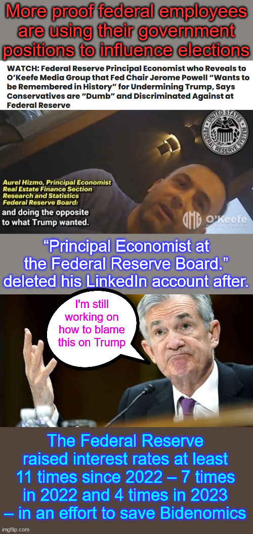 It's called Treason | More proof federal employees are using their government positions to influence elections; “Principal Economist at the Federal Reserve Board.” deleted his LinkedIn account after. I'm still working on how to blame this on Trump; The Federal Reserve raised interest rates at least 11 times since 2022 – 7 times in 2022 and 4 times in 2023 – in an effort to save Bidenomics | image tagged in treasonous,career bureaucrats,they have no right,influence elections,with government positions | made w/ Imgflip meme maker