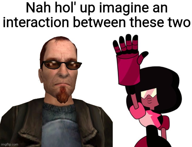 Nah hol' up imagine an interaction between these two | image tagged in postal dude,garnet wave | made w/ Imgflip meme maker