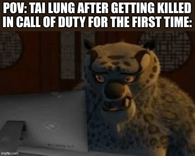 Tai Lung at the computer | POV: TAI LUNG AFTER GETTING KILLED IN CALL OF DUTY FOR THE FIRST TIME: | image tagged in tai lung at the computer,memes,dank memes,call of duty,funny,kids | made w/ Imgflip meme maker