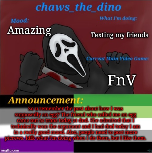 Imma gonna go watch the fallout show now | Texting my friends; Amazing; FnV; So u remember the post about how I was supposedly an egg? The friend who called me an egg came out as trans today at dnd. She admitted that I technically won the argument and I had dnd today I am in a really good mood. Also, people need to post more picrews. Idfk what I'm doing when I do them, but I like them. | image tagged in chaws_the_dino announcement temp | made w/ Imgflip meme maker