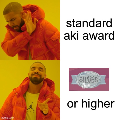 aki awards be like | standard aki award; or higher | image tagged in memes,drake hotline bling | made w/ Imgflip meme maker