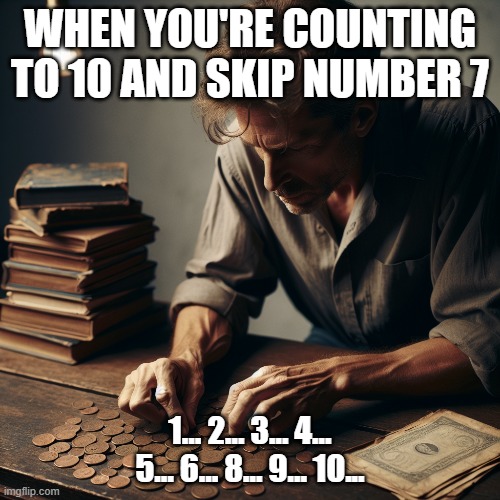 WHEN YOU'RE COUNTING TO 10 AND SKIP NUMBER 7; 1... 2... 3... 4... 5... 6... 8... 9... 10... | made w/ Imgflip meme maker