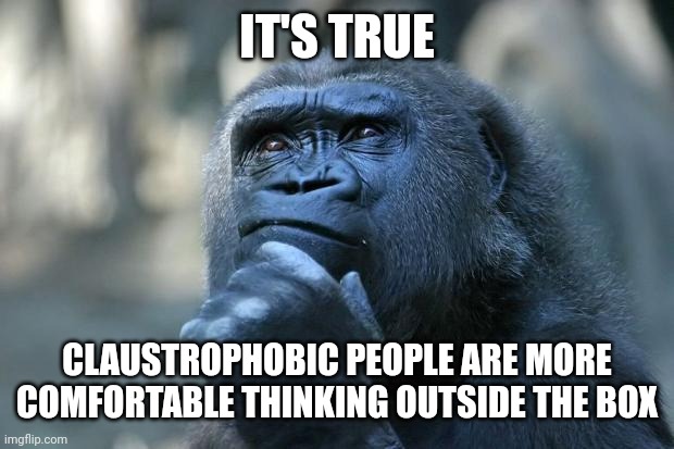 Deep Thoughts | IT'S TRUE; CLAUSTROPHOBIC PEOPLE ARE MORE COMFORTABLE THINKING OUTSIDE THE BOX | image tagged in deep thoughts | made w/ Imgflip meme maker