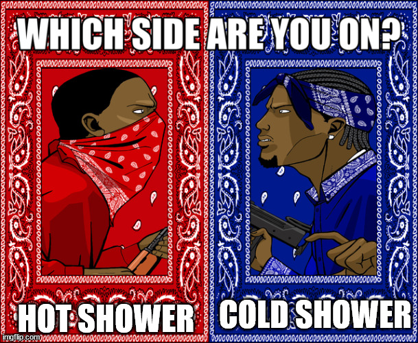 Cold gives you more musles | HOT SHOWER; COLD SHOWER | image tagged in which side are you on | made w/ Imgflip meme maker