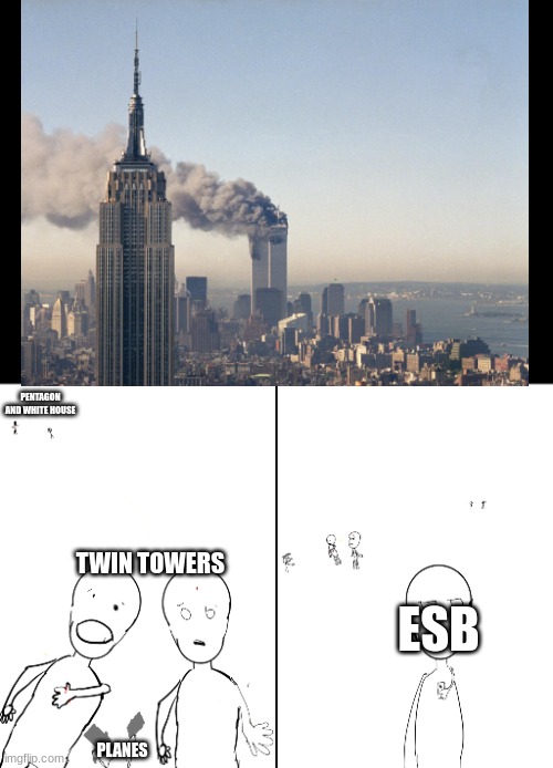 shootign while guy chiling | PENTAGON AND WHITE HOUSE; TWIN TOWERS; ESB; PLANES | image tagged in shootign while guy chiling | made w/ Imgflip meme maker