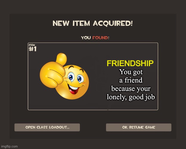 TF2 New Item Acquired! | FRIENDSHIP You got a friend because your lonely, good job | image tagged in tf2 new item acquired | made w/ Imgflip meme maker