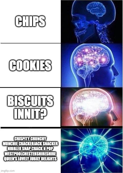 Bri'ish be like: | CHIPS; COOKIES; BISCUITS INNIT? CRISPITY CRUNCHY MUNCHIE CRACKERJACK SNACKER NIBBLER SNAP CRACK N POP WESTPOOLCHESTERSHIRESHIRE QUEEN'S LOVELY JUBILY DELIGHTS | image tagged in memes,expanding brain | made w/ Imgflip meme maker