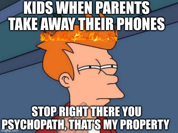 Kids | KIDS WHEN PARENTS TAKE AWAY THEIR PHONES; STOP RIGHT THERE YOU PSYCHOPATH, THAT’S MY PROPERTY | image tagged in memes,futurama fry | made w/ Imgflip meme maker