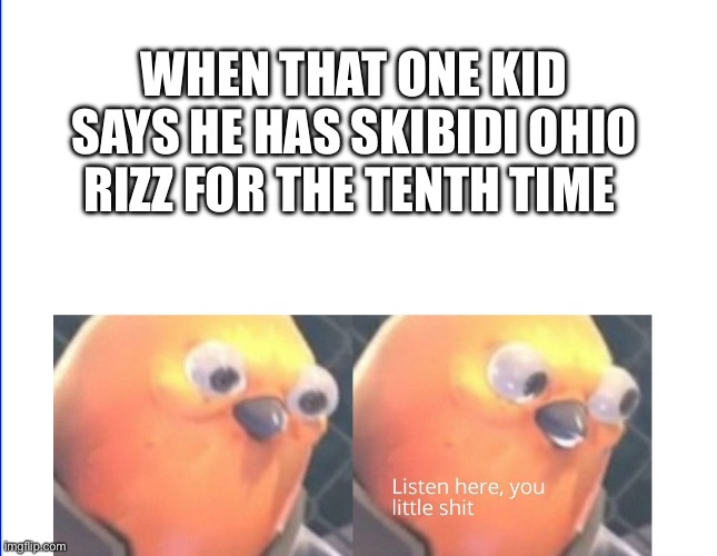Listen here you little shit | WHEN THAT ONE KID SAYS HE HAS SKIBIDI OHIO RIZZ FOR THE TENTH TIME | image tagged in listen here you little shit,memes,gen alpha,funny meme | made w/ Imgflip meme maker