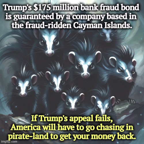 Trump's $175 million bank fraud bond 
is guaranteed by a company based in 
the fraud-ridden Cayman Islands. If Trump's appeal fails, America will have to go chasing in pirate-land to get your money back. | image tagged in trump,fraud,liar,cheat,sleaze,loser | made w/ Imgflip meme maker
