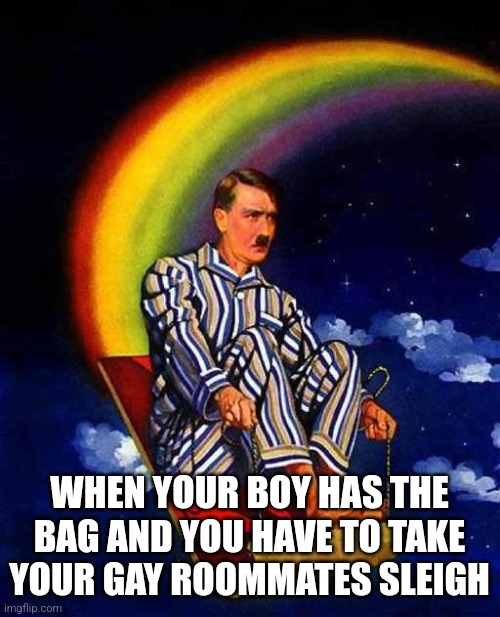 Bout to be up for 3 days... | WHEN YOUR BOY HAS THE BAG AND YOU HAVE TO TAKE YOUR GAY ROOMMATES SLEIGH | image tagged in random hitler | made w/ Imgflip meme maker