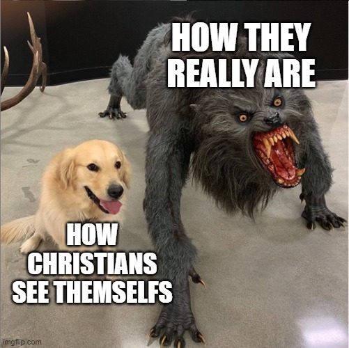 dog vs werewolf | HOW THEY REALLY ARE; HOW CHRISTIANS SEE THEMSELFS | image tagged in dog vs werewolf | made w/ Imgflip meme maker