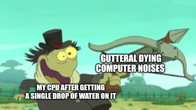 My computer is dying a painful Death | GUTTERAL DYING COMPUTER NOISES; MY CPU AFTER GETTING A SINGLE DROP OF WATER ON IT | image tagged in assassin frog,jpfan102504,computer | made w/ Imgflip meme maker