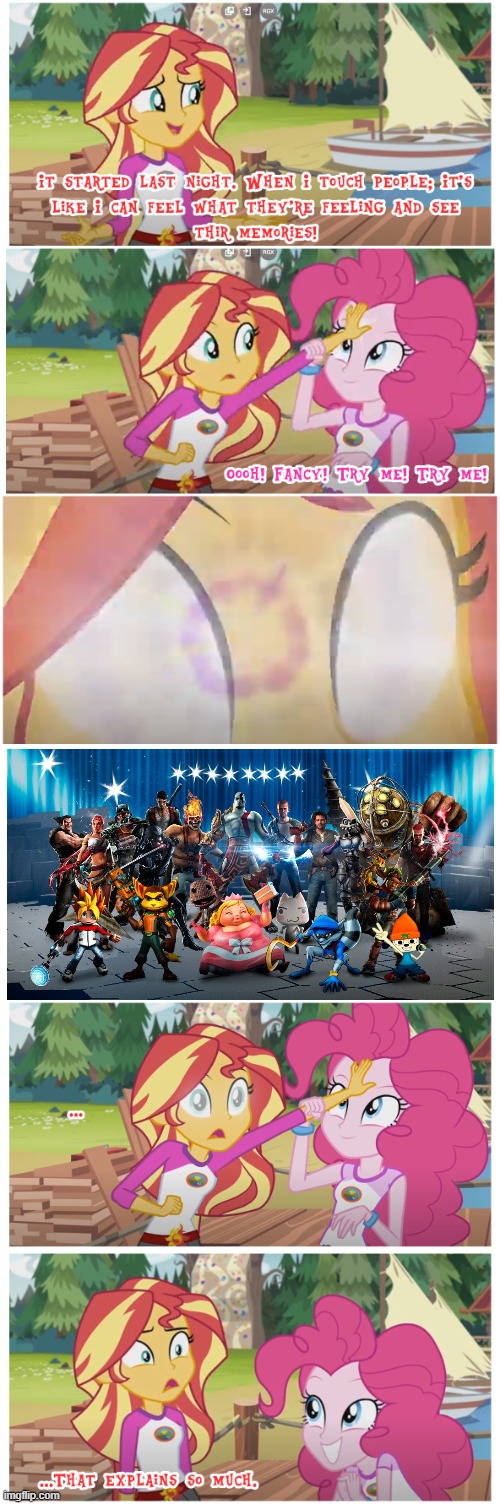 Sunset Finds Playstation All-Stars Battle Royale | image tagged in sunset reads pinkie's mind,playstation all-stars battle royale,playstation,sunset shimmer,pinkie pie,mlp | made w/ Imgflip meme maker
