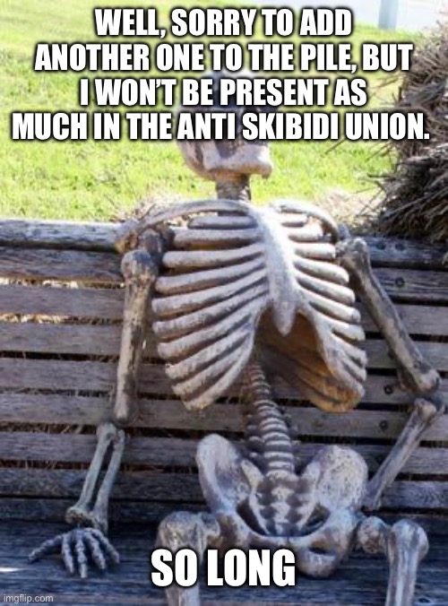 Adios lads | WELL, SORRY TO ADD ANOTHER ONE TO THE PILE, BUT I WON’T BE PRESENT AS MUCH IN THE ANTI SKIBIDI UNION. SO LONG | image tagged in memes,waiting skeleton | made w/ Imgflip meme maker