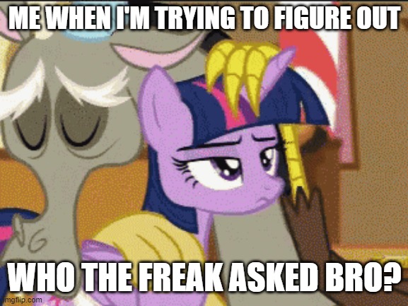 didn't ask, discord... | ME WHEN I'M TRYING TO FIGURE OUT; WHO THE FREAK ASKED BRO? | image tagged in mlp,mlp fim | made w/ Imgflip meme maker
