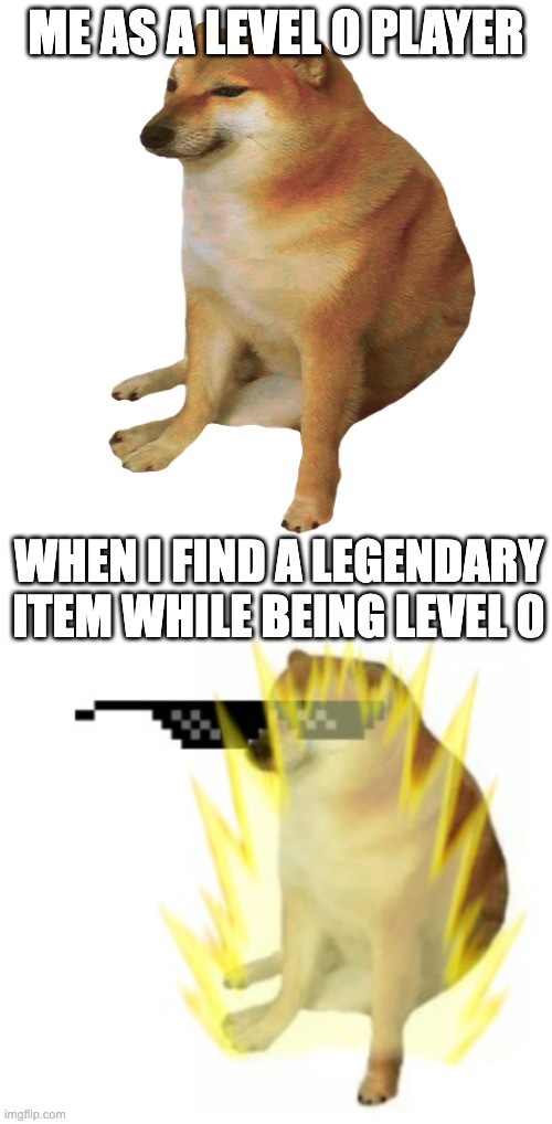 Cheems Gaming | ME AS A LEVEL 0 PLAYER; WHEN I FIND A LEGENDARY ITEM WHILE BEING LEVEL 0 | image tagged in cheems,gaming | made w/ Imgflip meme maker