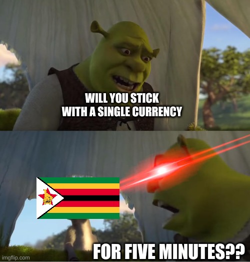 Shrek For Five Minutes | WILL YOU STICK WITH A SINGLE CURRENCY; FOR FIVE MINUTES?? | image tagged in shrek for five minutes | made w/ Imgflip meme maker