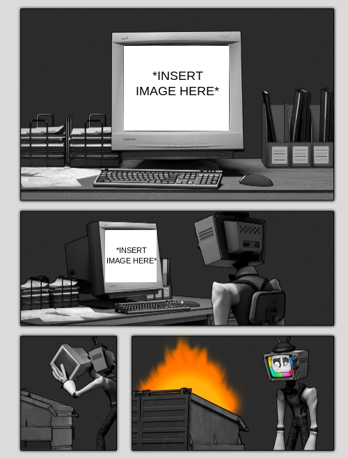 Mr. Puzzles Throwing A Computer into a garbage bin Blank Meme Template