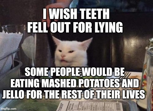 Smudge that darn cat | I WISH TEETH FELL OUT FOR LYING; SOME PEOPLE WOULD BE EATING MASHED POTATOES AND JELLO FOR THE REST OF THEIR LIVES | image tagged in smudge that darn cat | made w/ Imgflip meme maker