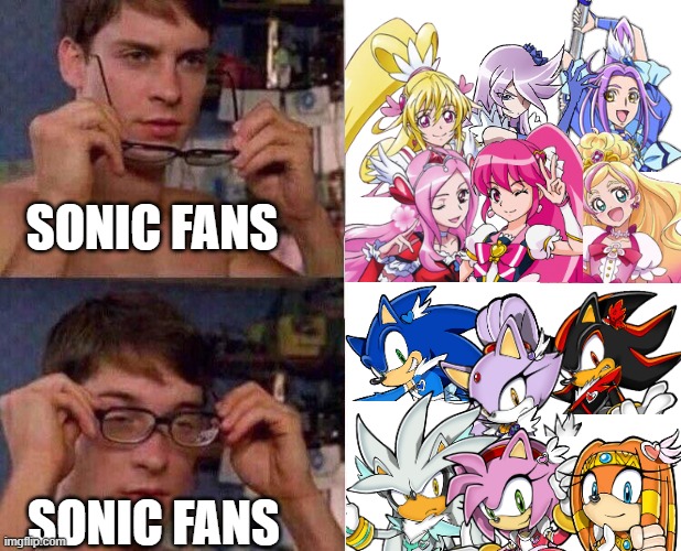 Yup, only old Sonic fans when they see the Sonic Precure parody thing by toshiyuki (expect for Cosmo being Cure Felice) | SONIC FANS; SONIC FANS | image tagged in spiderman glasses,precure,sonic,sonic the hedgehog,pretty cure,sonicure | made w/ Imgflip meme maker