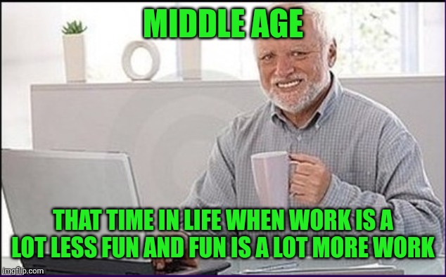 Old guy computer | MIDDLE AGE; THAT TIME IN LIFE WHEN WORK IS A LOT LESS FUN AND FUN IS A LOT MORE WORK | image tagged in old guy computer | made w/ Imgflip meme maker