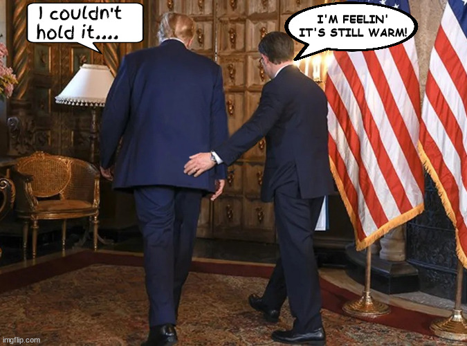 A warm welcome | I couldn't hold it.... I'M FEELIN' IT'S STILL WARM! | image tagged in trump and johnson,full load,freash diaper,poopoo trump,maga mess,diaper donald | made w/ Imgflip meme maker