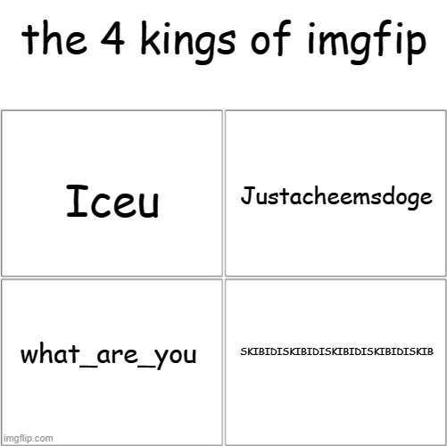 The 4 kings of imgflip | image tagged in iceu,justacheemsdoge,what_are_you,skibidi toilet | made w/ Imgflip meme maker