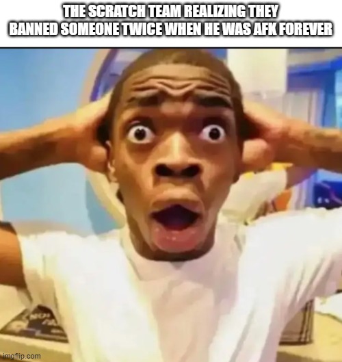 Surprised Black Guy | THE SCRATCH TEAM REALIZING THEY BANNED SOMEONE TWICE WHEN HE WAS AFK FOREVER | image tagged in surprised black guy | made w/ Imgflip meme maker