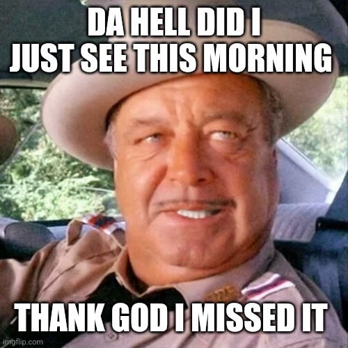 Sheriff Buford T. Justice You Sum Bitch | DA HELL DID I JUST SEE THIS MORNING THANK GOD I MISSED IT | image tagged in sheriff buford t justice you sum bitch | made w/ Imgflip meme maker