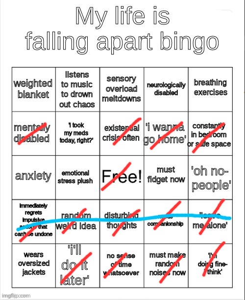 I don't think i'm fine | image tagged in my life is falling apart bingo | made w/ Imgflip meme maker