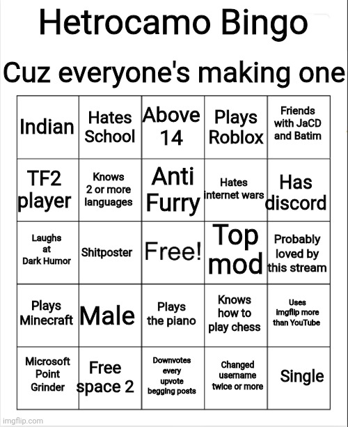 Let's see what you are! | Cuz everyone's making one; Hetrocamo Bingo; Above 14; Hates School; Friends with JaCD and Batim; Indian; Plays Roblox; Anti Furry; TF2 player; Has discord; Hates internet wars; Knows 2 or more languages; Top mod; Laughs at Dark Humor; Probably loved by this stream; Shitposter; Plays Minecraft; Male; Uses imgflip more than YouTube; Knows how to play chess; Plays the piano; Free space 2; Single; Microsoft Point Grinder; Downvotes every upvote begging posts; Changed username twice or more | image tagged in blank bingo | made w/ Imgflip meme maker