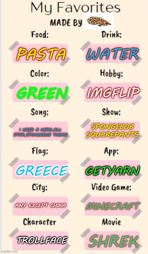 learn more about me | WATER; PASTA; IMGFLIP; GREEN; I NEED A HERO,ALL STAR,SPONGEBOB THEME; SPONGEBOB SQUAREPANTS; GREECE; GETYARN; ANY EXCEPT CHINA; MINECRAFT; TROLLFACE; SHREK | image tagged in my favorites made by t,personality,random tag,random post,i saw this template and i liked it | made w/ Imgflip meme maker