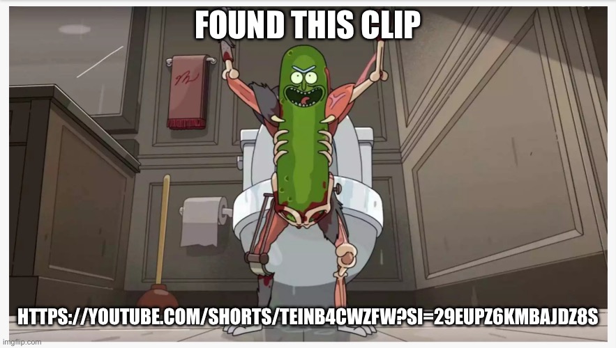 Pickle Rick | FOUND THIS CLIP; HTTPS://YOUTUBE.COM/SHORTS/TEINB4CWZFW?SI=29EUPZ6KMBAJDZ8S | image tagged in pickle rick | made w/ Imgflip meme maker