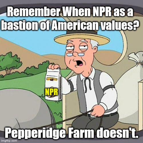 Why the Sudden Shock over NPR? | Remember When NPR as a bastion of American values? NPR; Pepperidge Farm doesn't. | image tagged in memes,pepperidge farm remembers | made w/ Imgflip meme maker