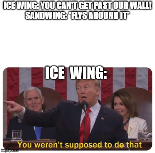 You weren't supposed to do that | ICE WING: YOU CAN'T GET PAST OUR WALL!
SANDWING: *FLYS AROUND IT*; ICE  WING: | image tagged in you weren't supposed to do that | made w/ Imgflip meme maker