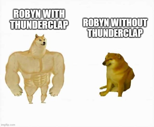 dnd | ROBYN WITH THUNDERCLAP; ROBYN WITHOUT THUNDERCLAP | image tagged in strong dog vs weak dog | made w/ Imgflip meme maker