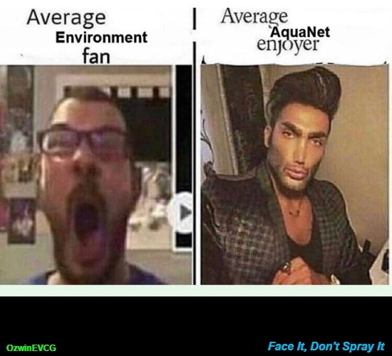 Face It, Don't Spray It [NV] | image tagged in dank,silly,average fan vs average enjoyer,hairspray,earth day | made w/ Imgflip meme maker