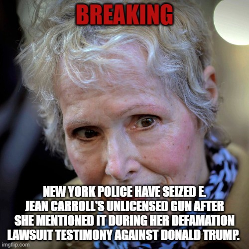 Second Amendment violations in NYC mean jail time! Right? | BREAKING; NEW YORK POLICE HAVE SEIZED E. JEAN CARROLL'S UNLICENSED GUN AFTER SHE MENTIONED IT DURING HER DEFAMATION LAWSUIT TESTIMONY AGAINST DONALD TRUMP. | image tagged in gun laws,2nd amendment,second amendment,rape,stupid criminals,equality | made w/ Imgflip meme maker