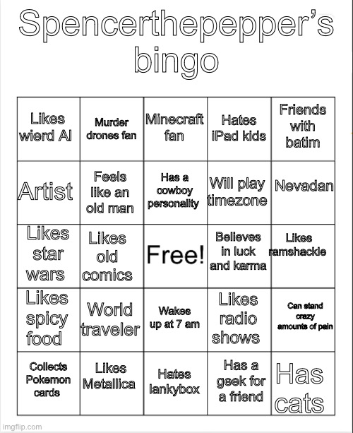 Let’s goooo | Spencerthepepper’s bingo; Minecraft fan; Murder drones fan; Friends with batim; Likes wierd Al; Hates iPad kids; Nevadan; Has a cowboy personality; Artist; Will play timezone; Feels like an old man; Likes ramshackle; Believes in luck and karma; Likes star wars; Likes old comics; Likes spicy food; Can stand crazy amounts of pain; World traveler; Wakes up at 7 am; Likes radio shows; Likes Metallica; Collects Pokemon cards; Hates lankybox; Has a geek for a friend; Has cats | image tagged in blank bingo,lets go | made w/ Imgflip meme maker