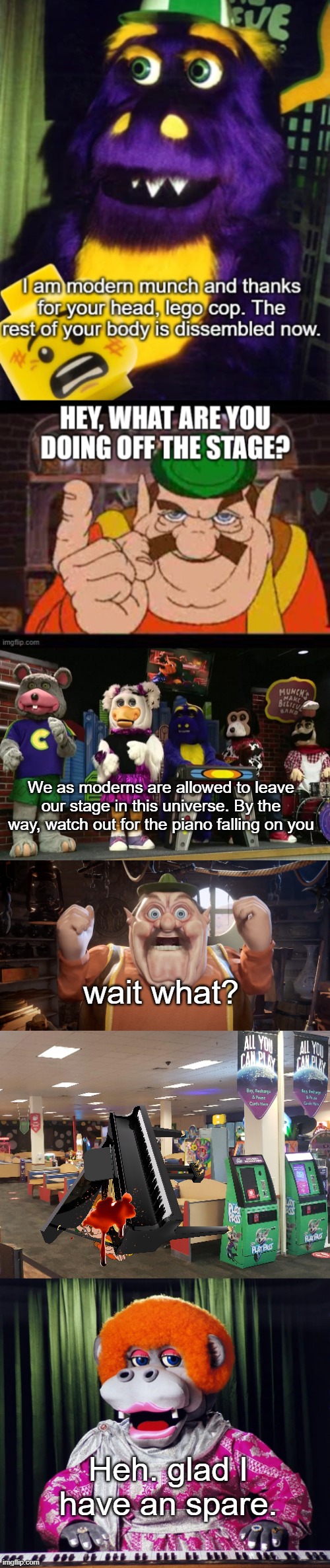 We as moderns are allowed to leave our stage in this universe. By the way, watch out for the piano falling on you; wait what? Heh. glad I have an spare. | image tagged in morshu shocked | made w/ Imgflip meme maker