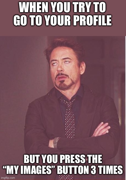 Check this out | WHEN YOU TRY TO GO TO YOUR PROFILE; BUT YOU PRESS THE “MY IMAGES” BUTTON 3 TIMES | image tagged in memes,face you make robert downey jr,oh wow are you actually reading these tags | made w/ Imgflip meme maker